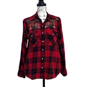 Zara Basic Women's Size M Top Red Plaid Embroidered Beaded Button Up Shirt
